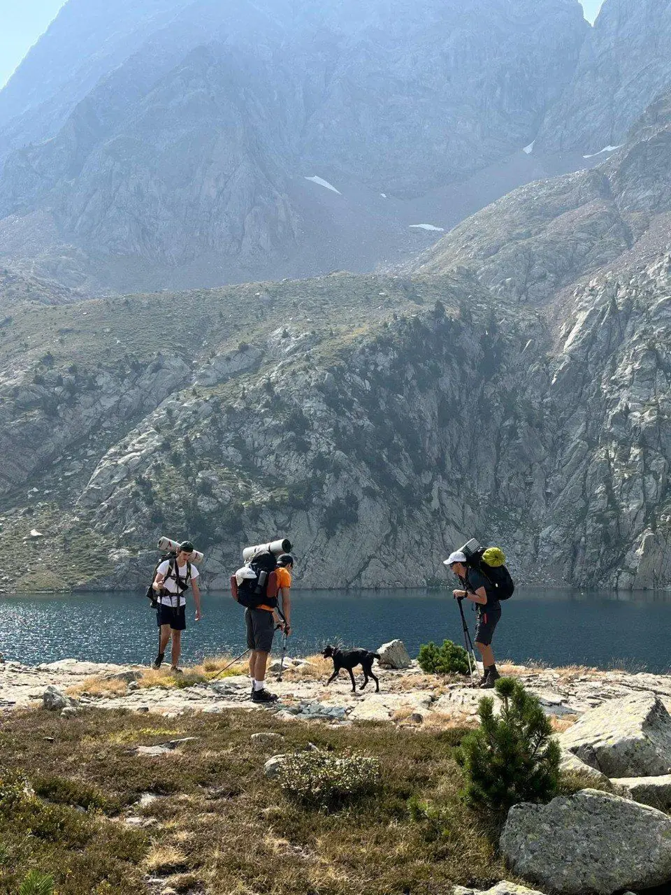 Hikers and a dog beside a mountain lake